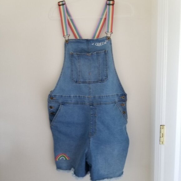 Women's Pride Rainbow Queen Shortall Bib Overalls Denim Light Wash Blue Sz M - Picture 2 of 14